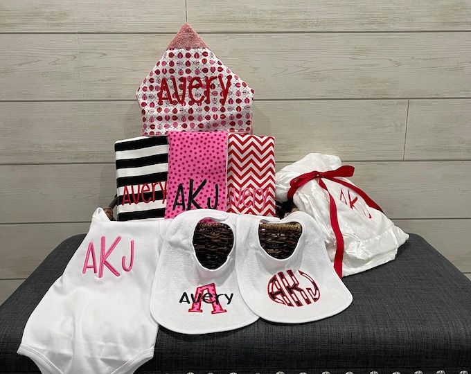 Monogrammed Baby Gift Basket, Personalized Hooded Towel, Burp Cloths, Bibs, Onesie & Quilt