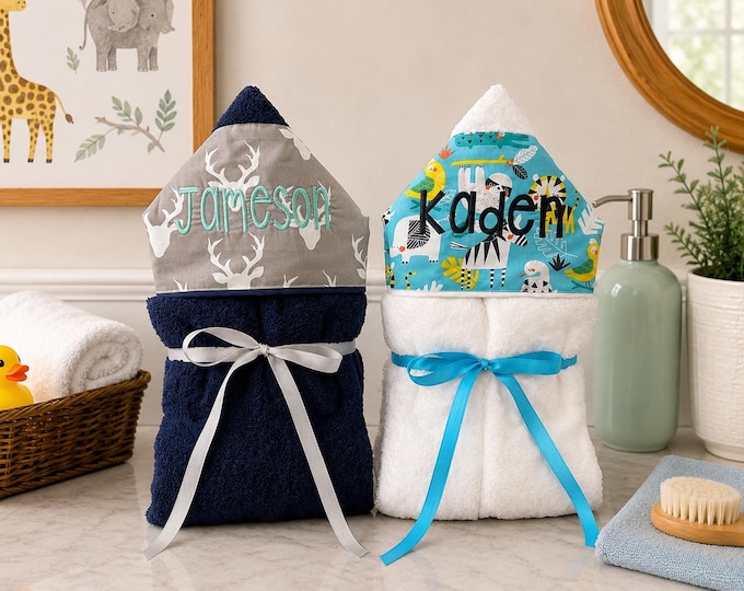 Set of 2 Monogrammed Hooded Baby Towels: Custom Embroidered