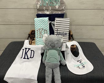 All That and a Plush Baby gift basket- Custom for boy or girl monogrammed hooded towel, burp cloths, bib, onesie and 16" plush animal