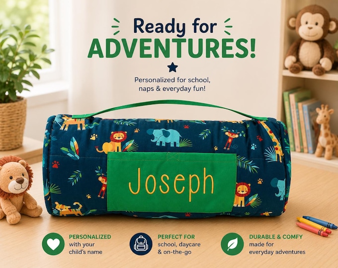 Personalized Kids Nap Mat: Attached Minky Blanket, Removable Pillow, Machine Washable, Daycare/Preschool Essential