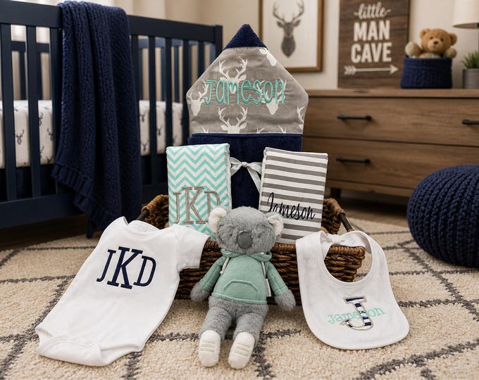 All That and a Plush Baby gift basket- Custom for boy or girl monogrammed hooded towel, burp cloths, bib, onesie and 16" plush animal