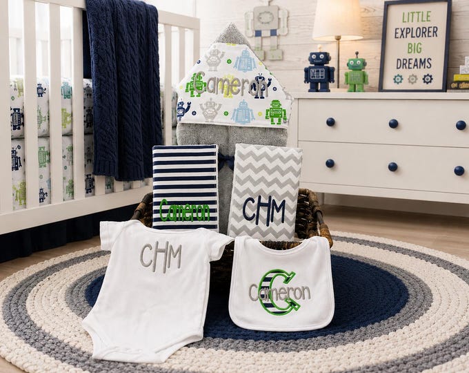 Monogrammed Baby Gift Basket – Hooded Towel, Burp Cloths, Bib, Onesie