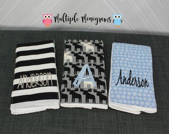 Monogrammed Burp Cloths, Set of 3. Custom made for boy or girl.