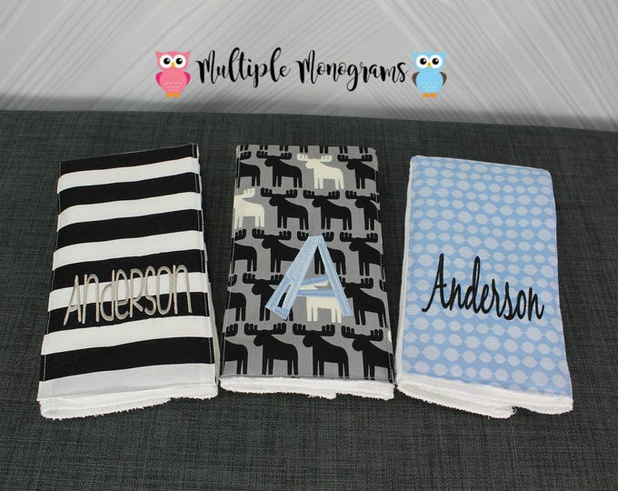 Monogrammed Burp Cloths, Set of 3. Custom made for boy or girl.