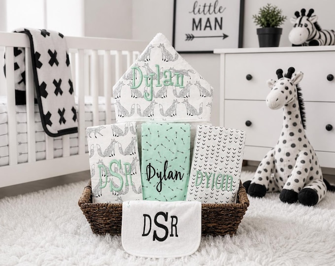 Monogrammed Baby Gift Basket - Hooded Towel, Burp Cloths & Bib