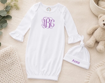 Embroidery Monogrammed Infant Baby Girl Gown with side zipper and Optional Hat