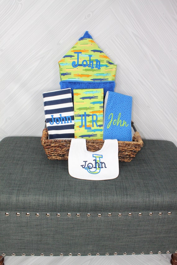 The Original Baby gift basket- Custom for boy or girl monogrammed hooded towel, burp cloths and bib. Perfect baby shower gift!