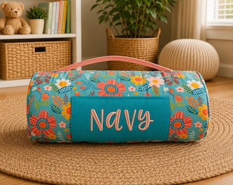 Personalized Kids Nap Mat: Attached Minky Blanket, Removable Pillow, Machine Washable, Daycare/Preschool Essential
