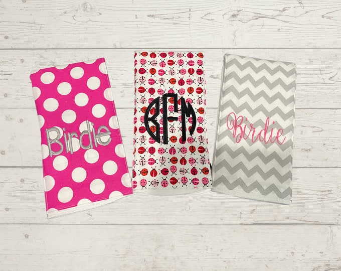 Monogrammed Burp Cloths, Set of 3. Custom made for boy or girl.