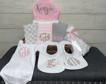 Monogrammed Baby Gift Basket, Personalized Hooded Towel, Burp Cloths, Bibs, Onesie & Quilt
