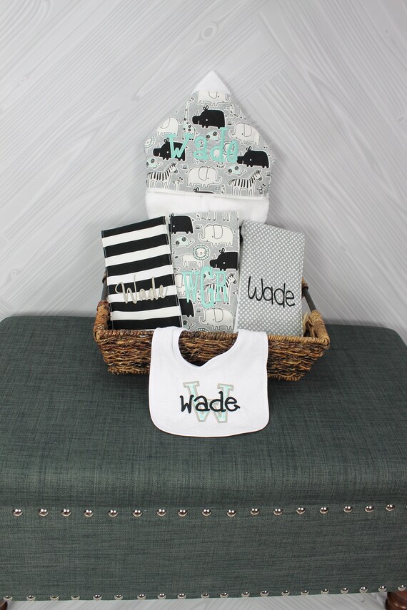 The Original Baby gift basket- Custom for boy or girl monogrammed hooded towel, burp cloths and bib. Perfect baby shower gift!