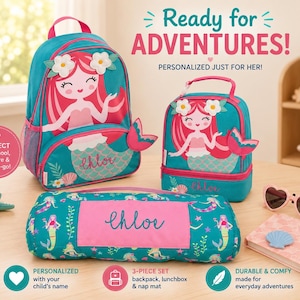 May include: A teal 3-piece school set featuring a mermaid design. The set includes a backpack, lunchbox, and pencil case, all with a pink trim and the name "Chloe". The backpack and lunchbox have a mermaid graphic.