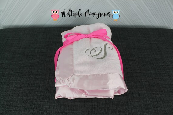 Monogrammed Baby Satin Trim Microfleece Blanket Light Pink, Baby Blue and White