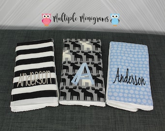 Monogrammed Burp Cloths, Set of 3. Custom made for boy or girl.