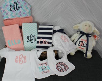 Monogrammed Baby Gift Basket, Personalized Hooded Towel, Burp Cloths, Bibs, Onesie, Quilt & Stuffed Animal