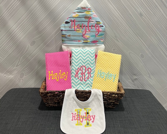 The Original Baby gift basket- Custom for boy or girl monogrammed hooded towel, burp cloths and bib. Perfect baby shower gift!