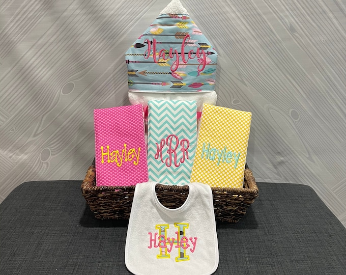 Monogrammed Baby Gift Basket – Hooded Towel, Burp Cloths & Bib