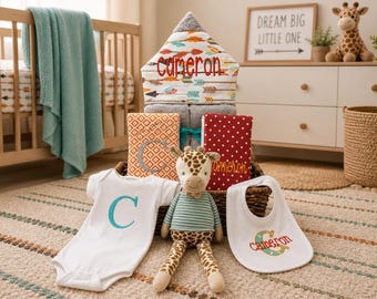 All That and a Plush Baby gift basket- Custom for boy or girl monogrammed hooded towel, burp cloths, bib, onesie and 16" plush animal