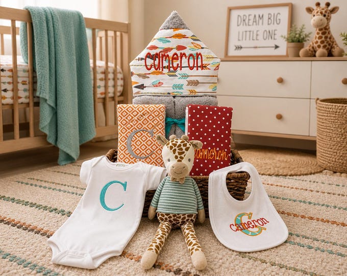 All That and a Plush Baby gift basket- Custom for boy or girl monogrammed hooded towel, burp cloths, bib, onesie and 16" plush animal