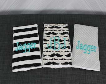 Monogrammed Burp Cloths, Set of 3. Custom made for boy or girl.