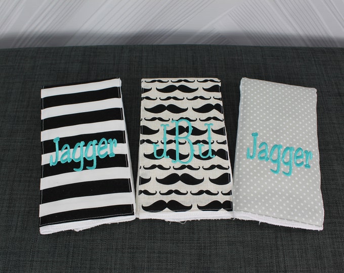 Monogrammed Burp Cloths, Set of 3. Custom made for boy or girl.