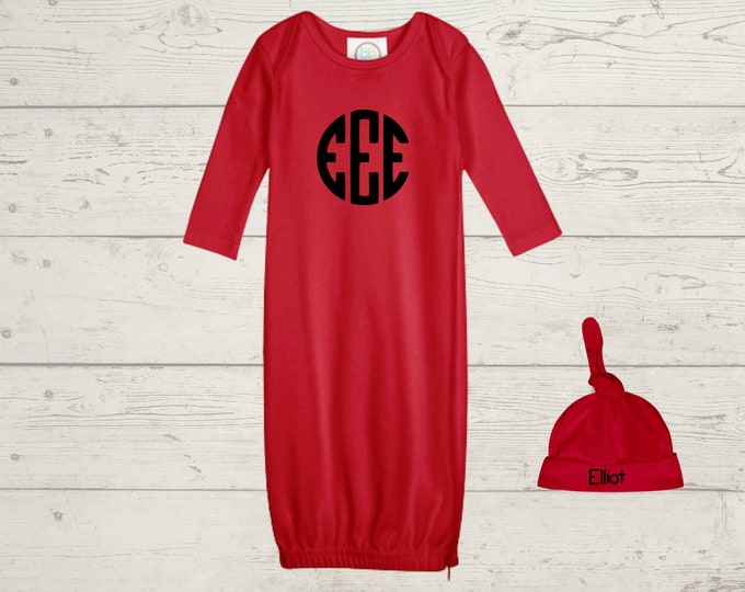 Embroidery Monogrammed Infant Baby Boy Gown with side zipper and Optional Hat