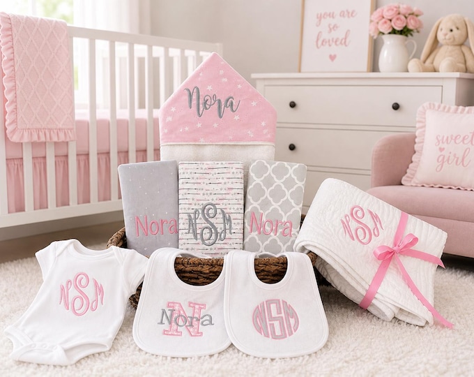 Monogrammed Baby Gift Basket, Personalized Hooded Towel, Burp Cloths, Bibs, Onesie & Quilt