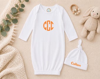 Embroidery Monogrammed Infant Baby Boy Gown with side zipper and Optional Hat