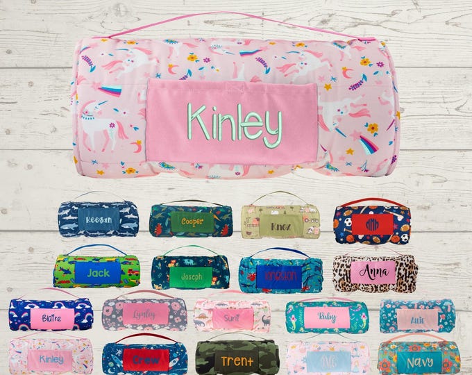 Personalized Kids Nap Mat: Attached Minky Blanket, Removable Pillow, Machine Washable, Daycare/Preschool Essential