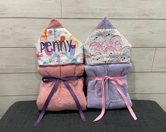 Set of 2 Monogrammed Hooded Baby or Kids Towels. Perfect for twins or siblings. Custom made to order for boy/boy, girl/girl or boy/girl.