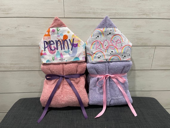 Set of 2 Monogrammed Hooded Baby or Kids Towels. Perfect for twins or siblings. Custom made to order for boy/boy, girl/girl or boy/girl.