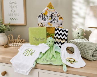 Monogrammed Baby Gift Basket – Hooded Towel, Burp Cloths & More