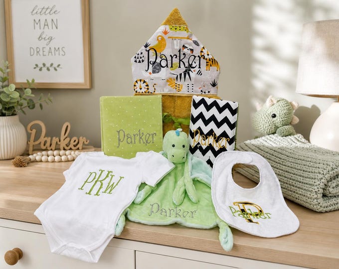 Monogrammed Baby Gift Basket – Hooded Towel, Burp Cloths & More