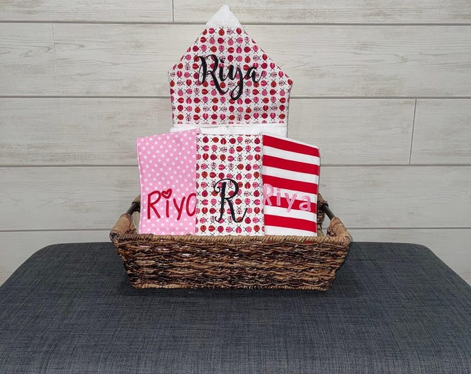Monogrammed Baby Gift Basket – Hooded Towel & Burp Cloths