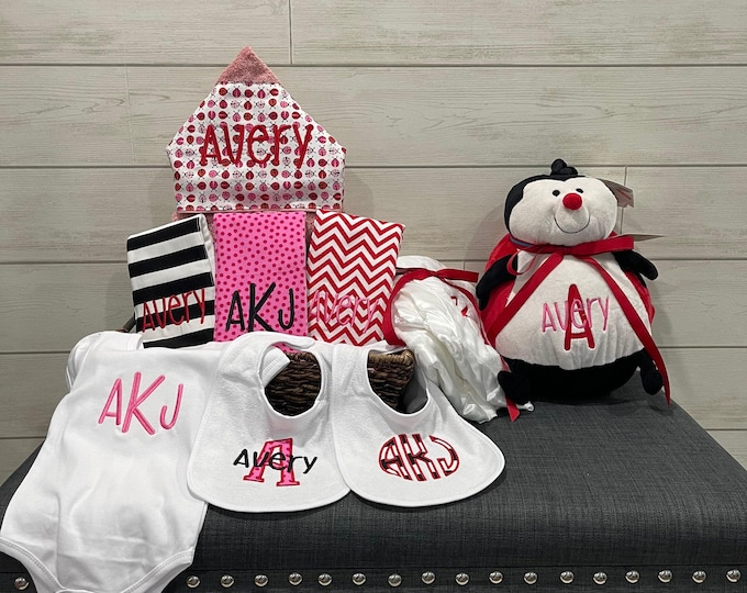 Monogrammed Baby Gift Basket, Personalized Hooded Towel, Burp Cloths, Bibs, Onesie, Quilt & Stuffed Animal
