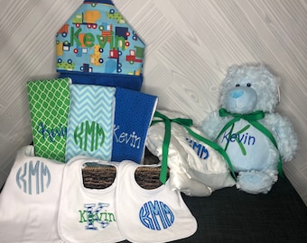 Monogrammed Baby Gift Basket, Personalized Hooded Towel, Burp Cloths, Bibs, Onesie, Quilt & Stuffed Animal