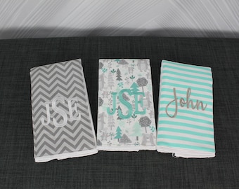 Monogrammed Burp Cloths, Set of 3. Custom made for boy or girl.