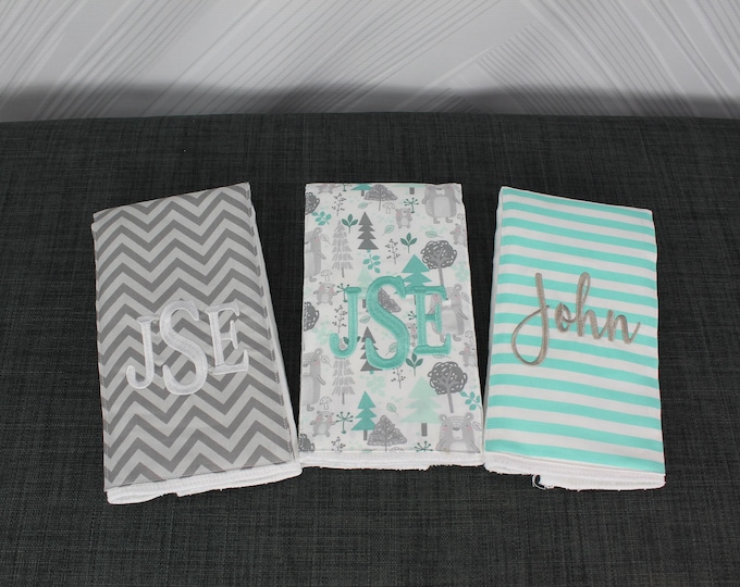 Monogrammed Burp Cloths, Set of 3. Custom made for boy or girl.