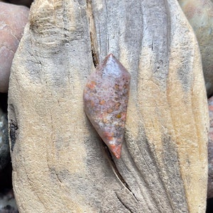 May include: A pink, brown, and white agate stone with a pointed shape. The stone is sitting on a piece of driftwood.
