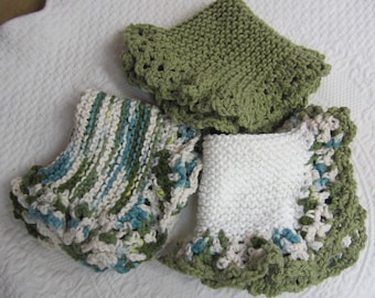 Knit*Dishcloth,Washcloth,Dish Rag,Wash Rag,Set,Cotton,Houseware,Green,Kitchen Decor,Kitchen,Retro Kitchen,Housewarming Gift,Free Shipping