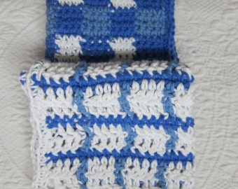 Crochet Dishcloth*Wash cloth,Dish Rag,Wash Rag,Set of 2,Kitchen Decor,Retro,Gingham,Blue Plaid,Blue,Checked dish cloth,Vintage,Free Shipping