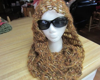 Crochet Cowl*Cowl,Infinity Scarf,Boho,Boho Scarf,Hooded Scarf,Long Infinity Scarf,Golden Brown,Teen Scarf,Sparkly,Vintage,Gift,Free Shipping