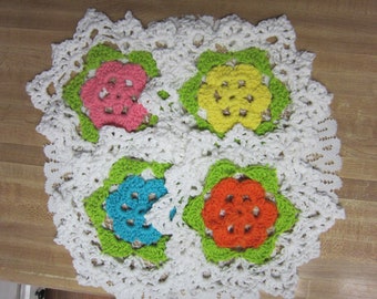 Crochet Dishcloths*Washcloths,Flower Dishcloths,Lacey Dishcloths,Multi Color,Set of 4,Round Dishcloths,Flower Wash clothes,Free Shipping