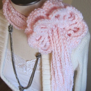 Crochet Scarf*Scarf with Movable Flower,Feminine Scarf,Pretty Scarf,Flower,Sparkly Yarn,Free Shipping,Pink Scarf,Chain Scarf,Flowers,Gifts