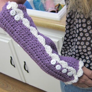 Crochet*Long Finger less Gloves,Purple Gloves,White Scalloped Edge,Texting Gloves,Gloves with Buttons,Free Shipping,