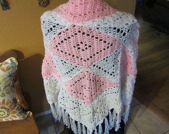 Crochet Shawl*Triangle Shawl,Hippie Shawl,Boho Shawl,Gypsy Shawl,Bohemian Shawl,Shabby Chic,Wrap,Poncho,Pink,Pink & White,Gift,Free Shipping