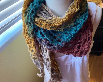 Crochet Scarf*Scarf,Wrap,Bandana Scarf,Boho Scarf,Gypsy Scarf,Shawl,Head Scarf,Multi Color,Designer Cowl,Gypsy Shawl,Hair Scarf,Free Shippin