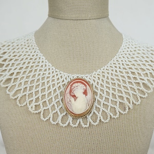 Vintage White Beaded Collar and Cameo Statement Necklace, Cameo Necklace, Collar with Cameo, Vintage Necklace, Beaded Collar