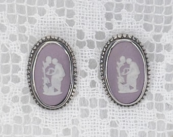 Vintage Wedgwood Lilac Cameo Pierced Earrings,  Oval Lavender Wedgwood Post Earrings framed with Sterling Silver