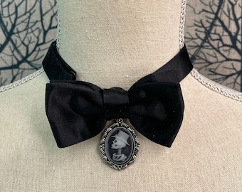 Black Bow Tie with Skeleton Pendant, Skull Pendant Black Bow Tie Necklace
